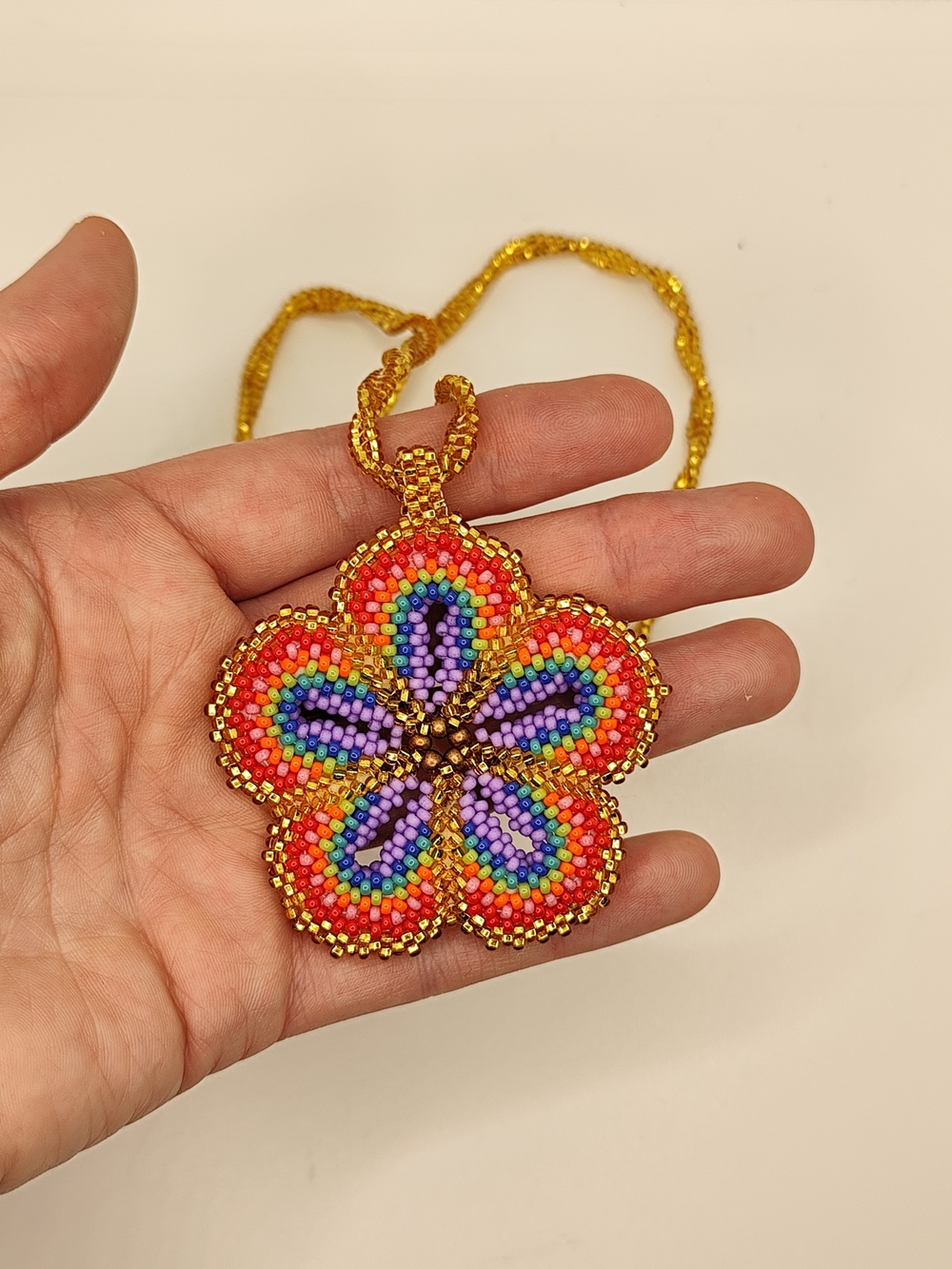 Handmade Rainbow Beaded Flower Pendant Necklace - Gold Chain